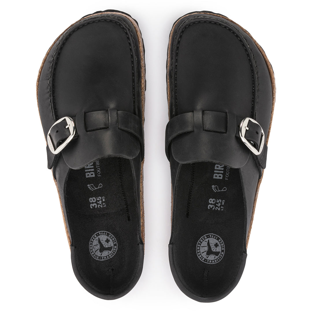 Women's Birkenstock Buckley Oiled Leather Color: Black (MEDIUM/NARROW WIDTH)