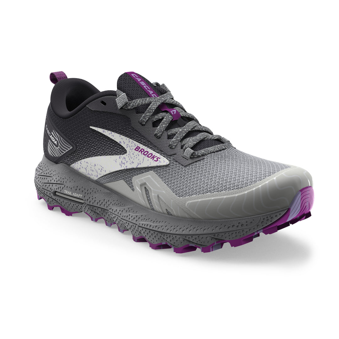 Women's Brooks Cascadia 17 Color: Oyster/Blackened Pearl/Purple