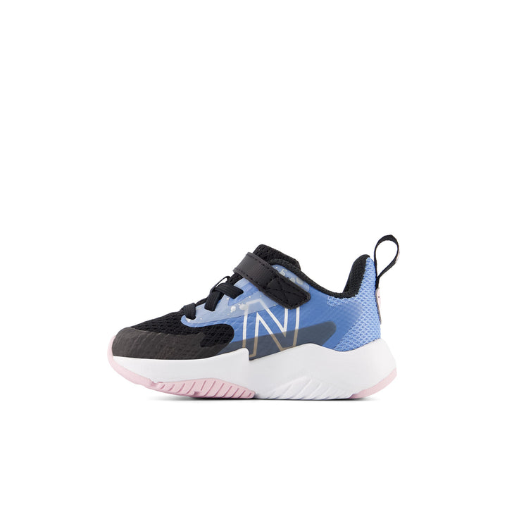 Toddler's New Balance Rave Run v2 Bungee Lace with Top Strap Color: Black with Blue Laguna 2