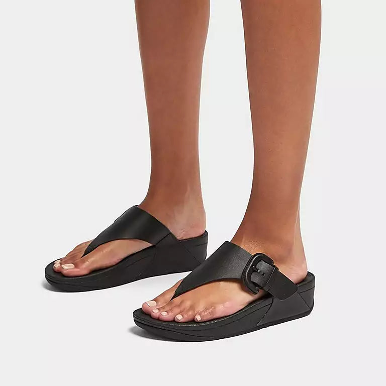 Women's Fitflop Lulu Covered-Buckle Raw-Edge Leather Toe-Post Sandals Color: Black 5