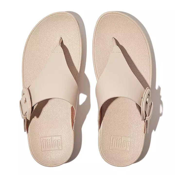 Women's Fitflop Lulu Covered-Buckle Raw-Edge Leather Toe-Post Sandals Color: Stone Beige 2