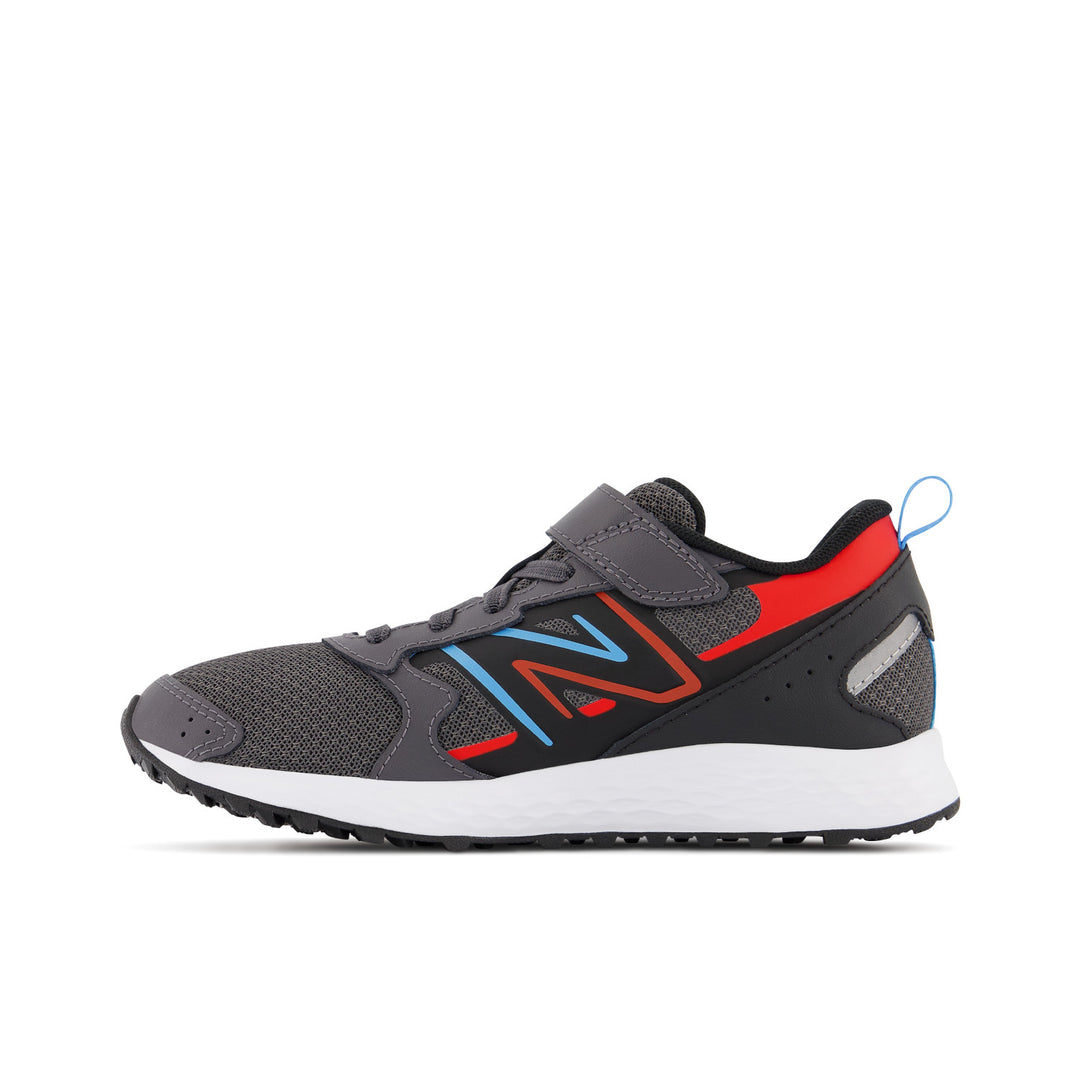Big & Little Kid's New Balance Fresh Foam 650 Bungee Lace with Top Strap Color: Magnet with Neo Flame  2