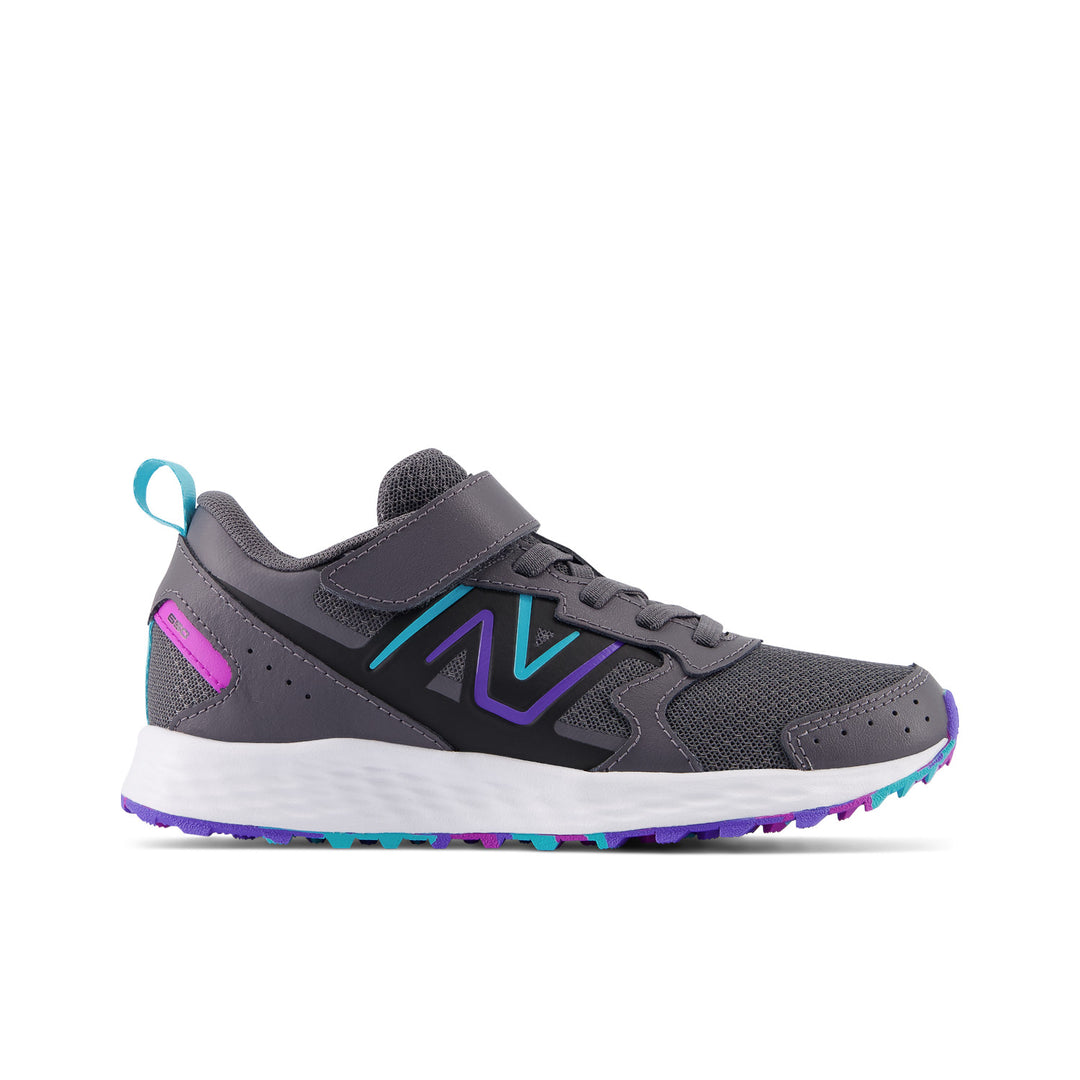 Big & Little Kid's New Balance Fresh Foam 650 Bungee Lace with Top Strap Color: Magnet with Electric Indigo and Cosmic Rose