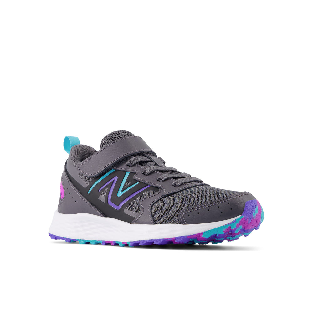 Big & Little Kid's New Balance Fresh Foam 650 Bungee Lace with Top Strap Color: Magnet with Electric Indigo and Cosmic Rose
