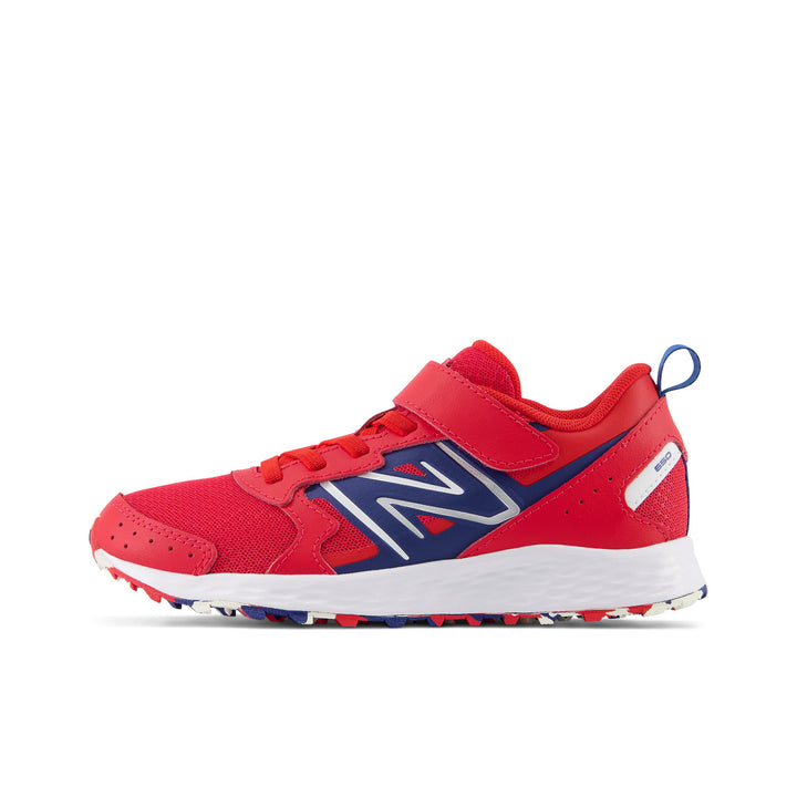 Big & Little Kid's New Balance Fresh Foam 650 Bungee Lace with Top Strap Color: Team Red with Night Sky & White 