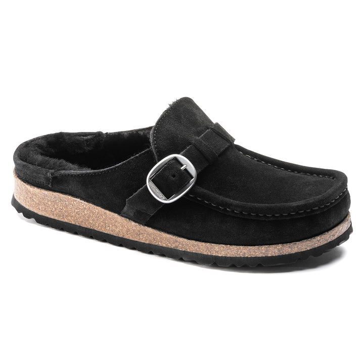 Women's Birkenstock Buckley Shearling Suede Leather Color: Black (MEDIUM/NARROW WIDTH)