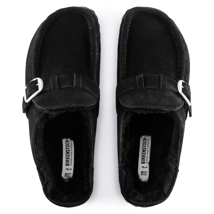 Women's Birkenstock Buckley Shearling Suede Leather Color: Black (MEDIUM/NARROW WIDTH)