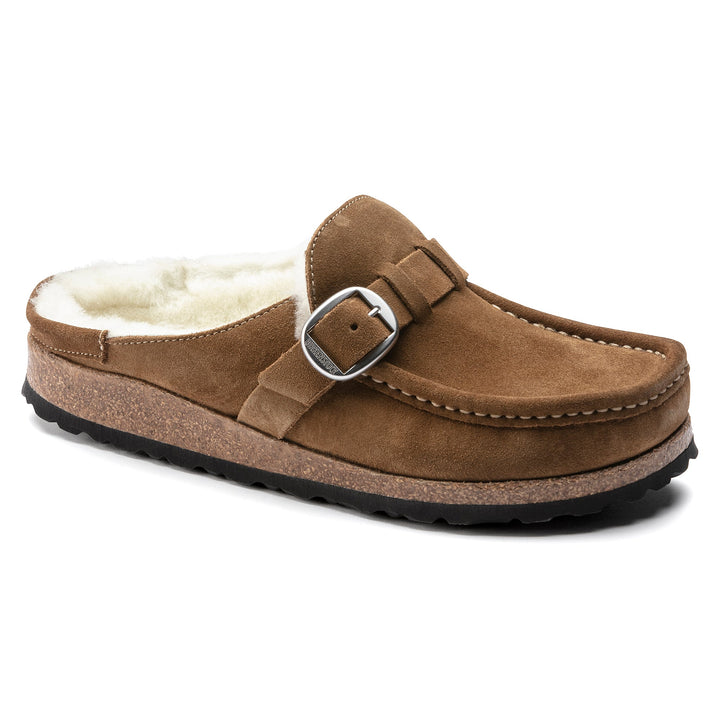 Women's Birkenstock Buckley Shearling Suede Leather Color: Shearling Tea