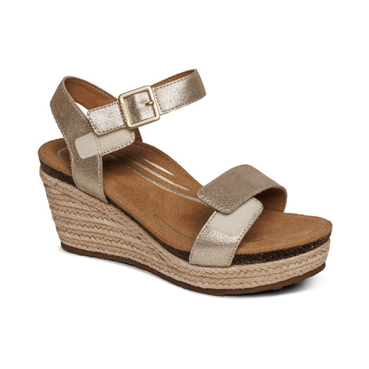 Women's Aetrex Sydney Quarter Strap Espadrille Wedge Color: Champagne