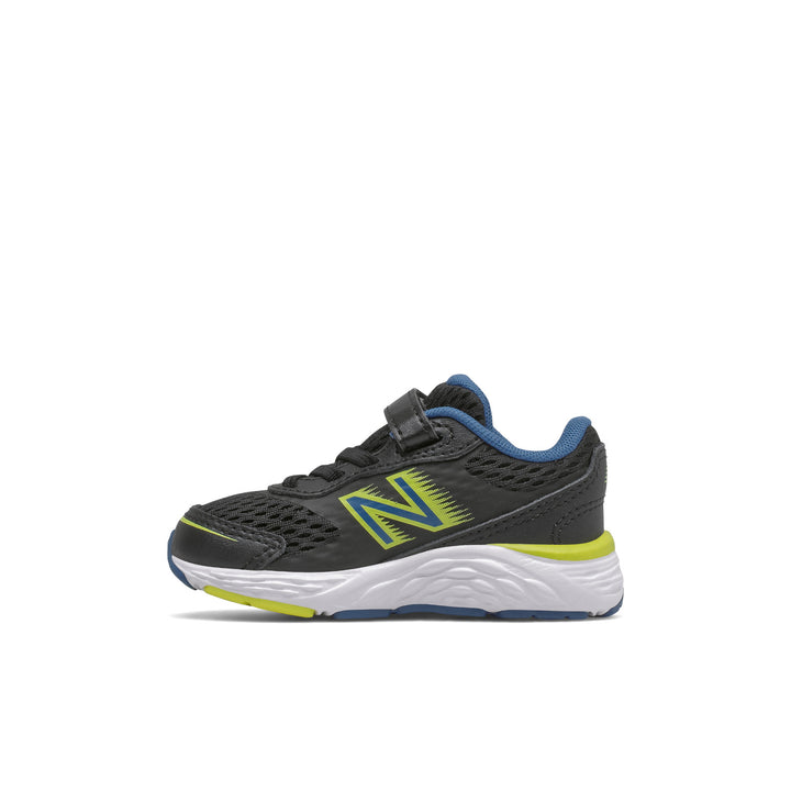 Toddler's New Balance 680v6 Bungee Color: Black with Oxygen Blue & Sulphur Yellow